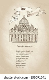 St. Peter's Cathedral, Rome, Italy. Hand drawn vector illustration isolated on old paper background. 