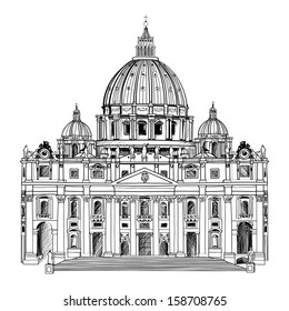 St. Peter's Cathedral, Rome, Italy. Hand drawn vector illustration isolated on white background. Saint Pietro Basilica. 