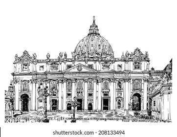 St. Peter's Cathedral, Rome, Vatican, Italy. Hand drawing isolated on white background. Saint Pietro Basilica, vector illustration