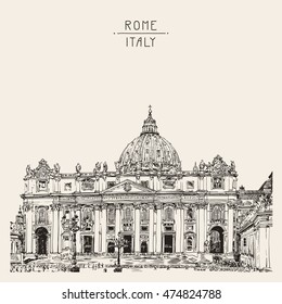 St. Peter's Cathedral, Rome, Vatican, Italy. Hand drawing. Saint Pietro Basilica, vector illustration