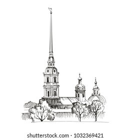 St. Petersburg architectural monuments, travel sketches, line drawing. Peter and Paul Cathedral, Peter-Pavel's Fortress