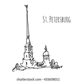 St. Petersburg architectural monuments, travel sketches, line drawing. Peter and Paul Cathedral