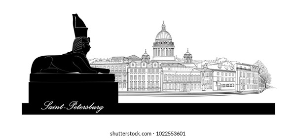 St. Petersburg city, Russia. Saint Isaac's cathedral skyline with Egyptian Sphinx monument landmark silhouette, Neva river view. Russian cityscape background.