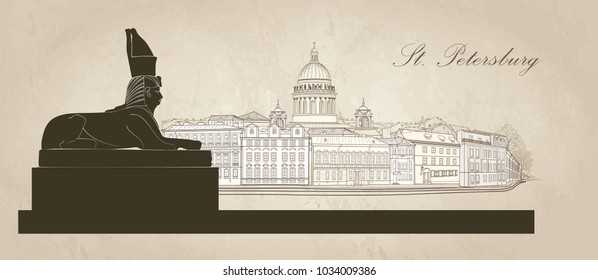 St. Petersburg city, Russia. Saint Isaac's cathedral skyline with Egyptian Sphinx monument landmark silhouette, Neva river view. Russian cityscape background.