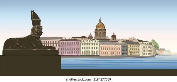 St. Petersburg city, Russia. Saint Isaac's cathedral skyline with Egyptian Sphinx monument landmark silhouette, Neva river view. Russian cityscape background.