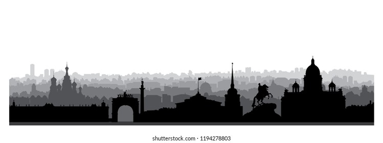 St. Petersburg city skyline, Russia. Tourist landmark silhouette. Russian famous place in Saint-Petersburg panoramic view