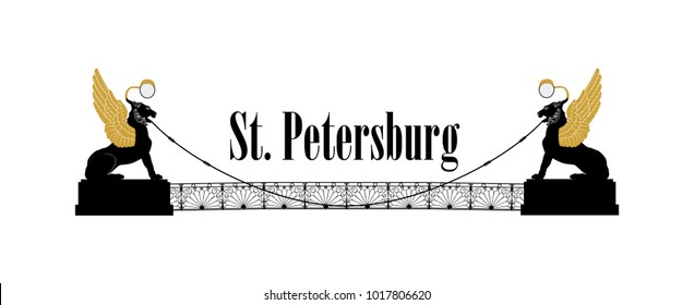 St. Petersburg city symbol, Russia. Bank bridge with winged lions Landmark silhouette, Griboedov Canal view. Russian cityscape background. Street icon of  Saint Petersburg