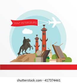 St. Petersburg detailed silhouette. Trendy vector illustration, flat style. Stylish colorful  landmarks.  Bronze Horseman, Peter and Paul Fortress, Rostral column the symbol of Saint Petersburg Russia