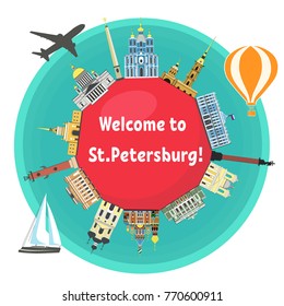 St. Petersburg famous landmarks around the text "Welcome to St.Petersburg". Russian attraction. Travel and tourism flat style vector illustration. Russian sights