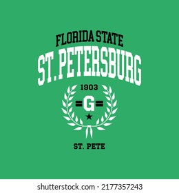 St. Petersburg, Florida design for t-shirt. College tee shirt print. Typography graphics for sportswear and apparel. Vector illustration.