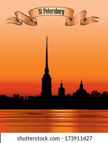 St. Petersburg landmark, Russia. Saint Peter and Paul Cathedral and Fortress, sunset view from Neva river. Russian cityscape silhouette vector background.