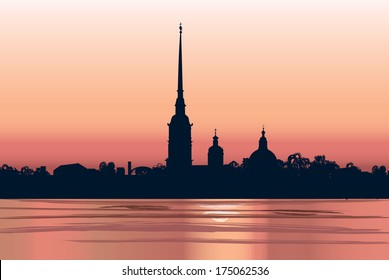 St. Petersburg landmark, Russia. Saint Peter and Paul Cathedral and Fortress, view from Neva river. Russian cityscape silhouette vector background.