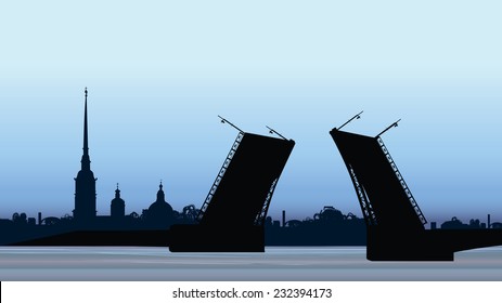 St. Petersburg landmark, Russia. Saint Peter and Paul Cathedral and Fortress, sunrise view from Neva river. Russian cityscape silhouette vector background. 