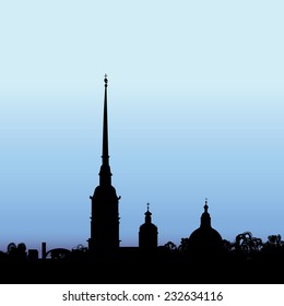 St. Petersburg landmark, Russia. Saint Peter and Paul Cathedral and Fortress, sunrise view from Neva river. Russian cityscape silhouette vector background.