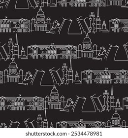 St. Petersburg linear seamless pattern. Vector urban landscape with famous landmarks, city landmarks, design icons.