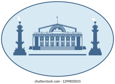 St Petersburg Rostral columns lighthouses with holiday fire on Victory Day or Navy Day, building of Stock Exchange Poseidon Temple, vector icon from Saint Petersburg Russian landmark set