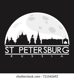 St Petersburg Russia Full Moon Night Skyline Silhouette Design City Vector Art Background Illustration.