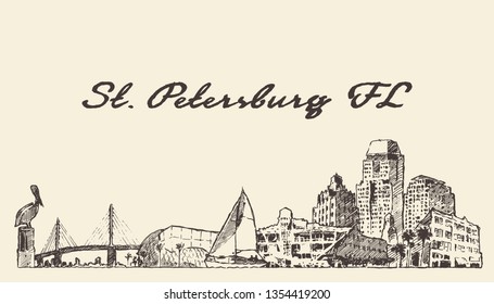 St. Petersburg skyline, Florida, United States, USA, hand drawn vector illustration, sketch