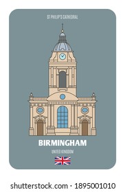 St Philip's Cathedral in Birmingham, UK. Architectural symbols of European cities. Colorful vector 