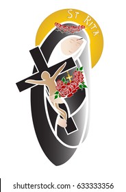 St Rita of Cascia, with crown of thorns, roses and cross. Modern religious vector design.