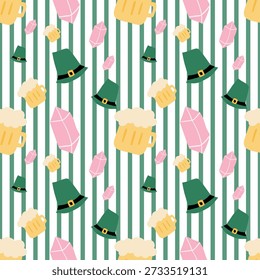 St. Patrick’ s day concept. A jar of beer, a pink crystal, and a green hat on a line, green and white background, seamless pattern. 