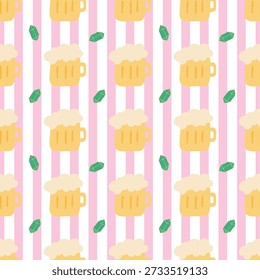 St. Patrick’ s day concept. A jar of beer, a green crystal on a line, pink and white background, seamless pattern. 