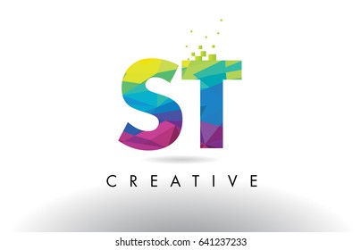 ST S T Colorful Letter Design with Creative Origami Triangles Rainbow Vector.