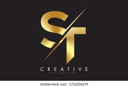 ST S T Golden Letter Logo Design with a Creative Cut. Creative logo design with Black Background.