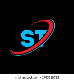 ST S T letter logo design. Initial letter ST linked circle uppercase monogram logo red and blue. ST logo, S T design. st, s t