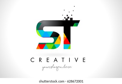 ST S T Letter Logo with Colorful Vivid Triangles Texture Design Vector Illustration.