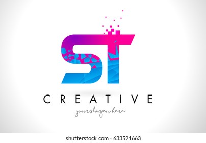 ST S T Letter Logo with Broken Shattered Blue Pink Triangles Texture Design Vector Illustration.
