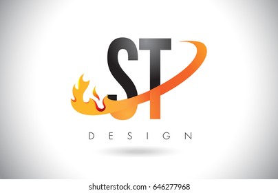 ST S T Letter Logo Design with Fire Flames and Orange Swoosh Vector Illustration.