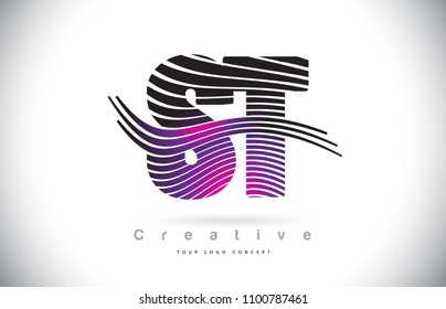 ST S T Zebra Texture Letter Logo Design With Creative Lines and Swosh in Purple Magenta Color Vector.