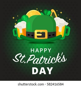St. or Saint Patrick's day vector background design. La Fheile Padraig holiday banner layout. Greeting letter or postcard element with Irish symbols. Party or event headline template with text.