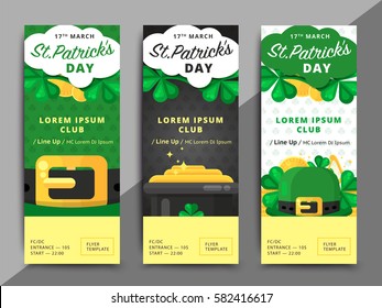 St. or Saint Patrick's day vector flyer template design. La Fheile Padraig banner. Greeting letter or postcard element with Irish symbols. Holiday club event admission or entrance ticket layout.