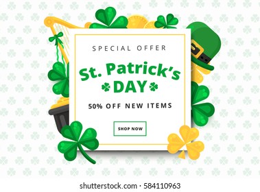 St. or Saint Patrick's day vector background design. La Fheile Padraig holiday banner layout. Greeting letter or postcard element with Irish symbols. Party or event headline template with text.