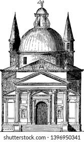 St. Saviours Venice Andrea Palladio Chiesa del Santissimo Redentore Church of the Most Holy Redeemer dome vintage line drawing or engraving illustration.