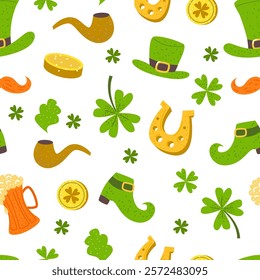 St. Patrick’s seamless pattern. Festive elements on white background. Clover, shamrock, gold coins, green hats, boots, horseshoe illustrations. 