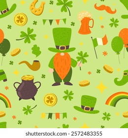 St. Patrick’s seamless pattern. Festive elements on green background. Clover, shamrock, gold coin pot, green hats, boots, horseshoe illustrations. 