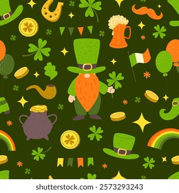 St. Patrick’s seamless pattern. Festive elements on dark green background. Clover, shamrock, gold coin pot, green hats, boots, horseshoe illustrations. 