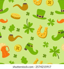 St. Patrick’s seamless pattern. Festive elements on green background. Clover, shamrock, gold coins, green hats, boots, horseshoe illustrations. 