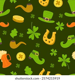 St. Patrick’s seamless pattern. Festive elements on dark green background. Clover, shamrock, gold coins, green hats, boots, horseshoe illustrations. 