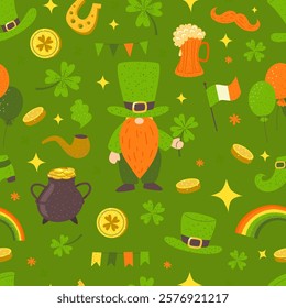 St. Patrick’s seamless pattern. Festive elements on green background. Clover, shamrock, gold coins, green hats, boots, horseshoe illustrations. 