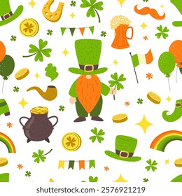 St. Patrick’s seamless pattern. Festive elements on white background. Clover, shamrock, gold coins, green hats, boots, horseshoe illustrations. 