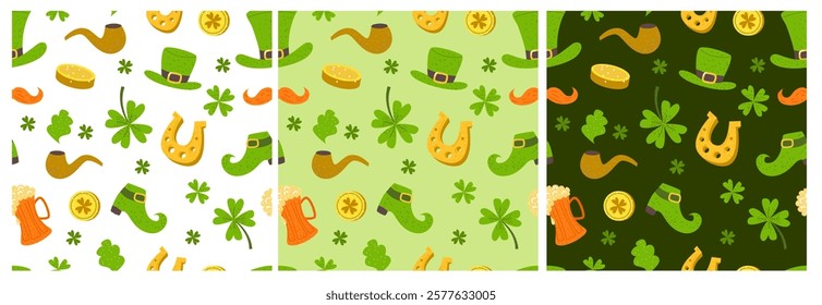 St. Patrick’s seamless pattern set. Festive elements on green background. Clover, shamrock, gold coins, green hats, boots, horseshoe illustrations. 