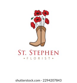 St. Stephen florist vector logo design. Cowboy boot with poppies logotype. Unique concept floral logo template.