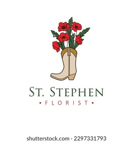 St. Stephen florist vector logo design. Cowboy boot with poppies logotype. Unique concept floral logo template.