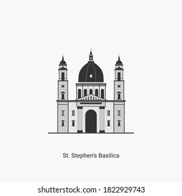 Stephansbasilika in Budapest, Ungarn. Es ist eine der meistbesuchten Attraktionen in Budapest. Berühmtes Wahrzeichen in Pest, am Stephansplatz. Vektorgrafik-Flachdesign.