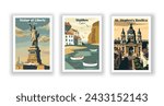 St. Stephen's Basilica, Budapest. Staithes, England. Statue of Liberty, New York - Set of 3 Vintage Travel Posters. Vector illustration. High Quality Prints