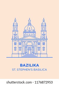 St Stephen's Basilica in Hungary capital icon. Vector art illustration design. Roman Catholic basilica in Budapest famous architectural landmark. Historical Stephen, king of Hungary largest church